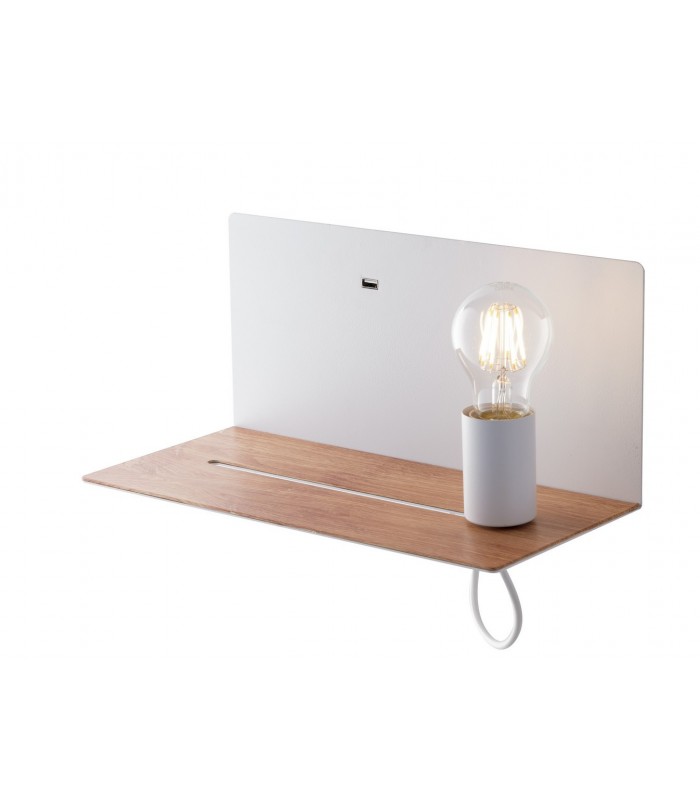 Reading Usb Wall Lamp Shelf, White, Wood, E27 - 1