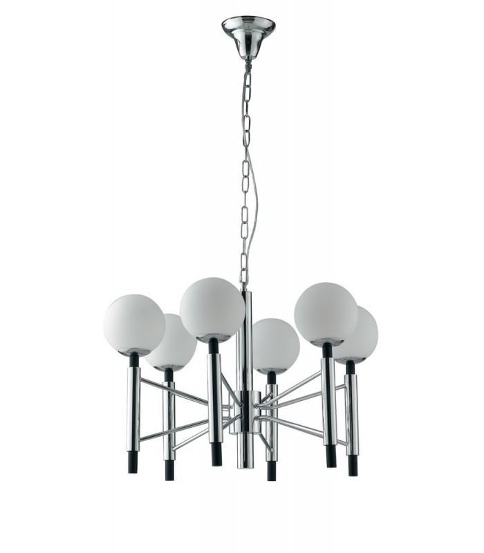 6 Light Mutli Arm Globe Ceiling Pendant, Chrome, Opal, White, E14 - 1
