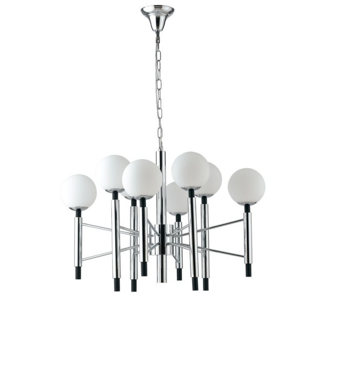 8 Light Mutli Arm Globe Ceiling Pendant, Chrome, Opal, White, E14 - 1