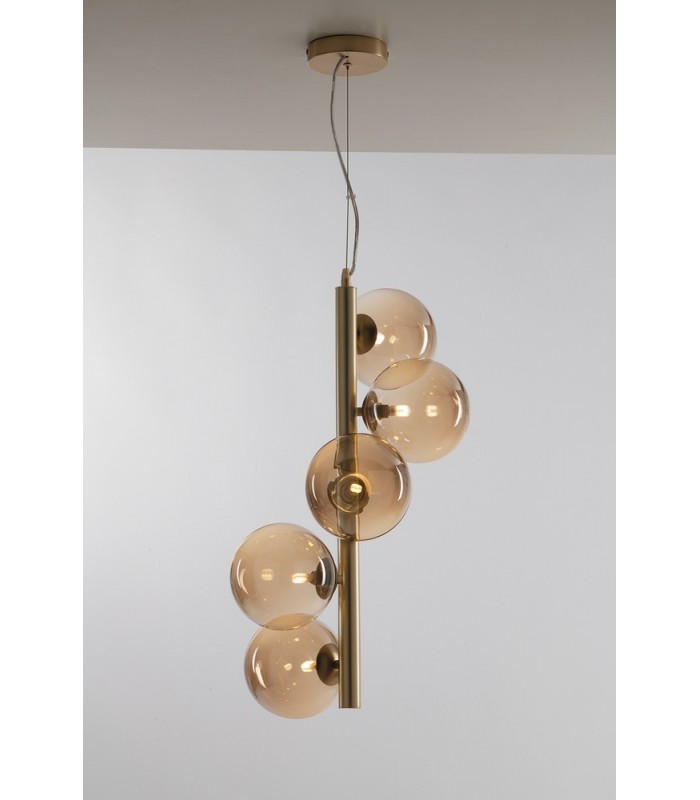 Multi Arm Ceiling Globe Pendant, Brass Satin With Champagne Diffusers, G9 - 1