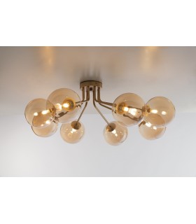 Multi Arm Semi Flush Ceiling Globe Pendant, Brass Satin With Champagne Diffusers, G9 - 1