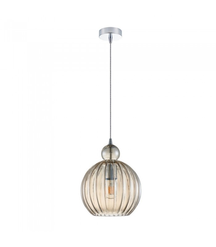 Modern Hanging Pendant Chrome 1 Light  with Cognac Shade, E27 Dimmable - 2