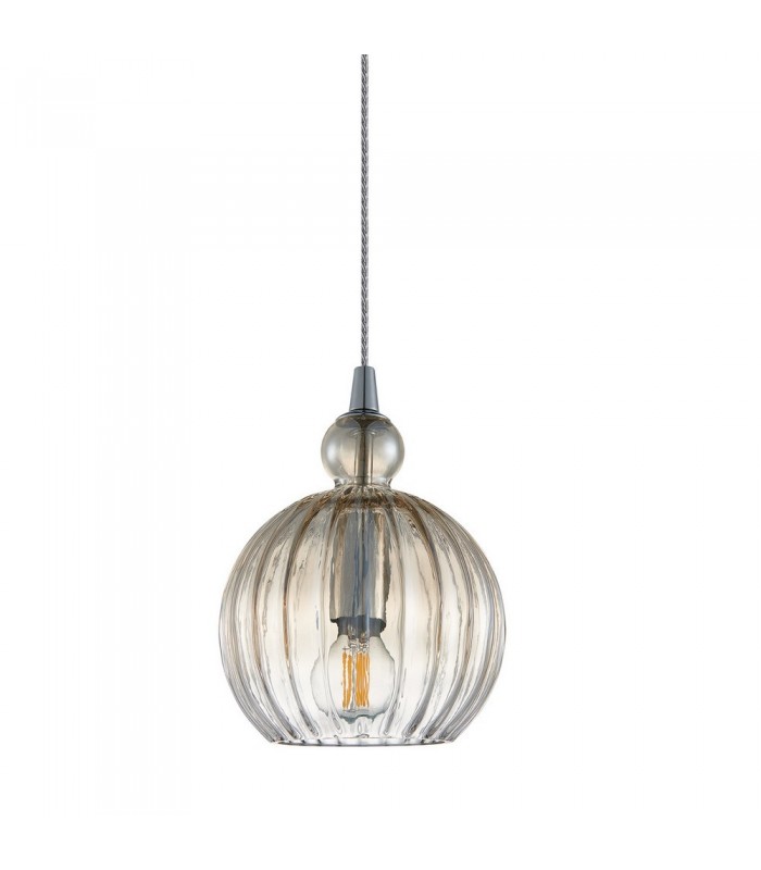 Modern Hanging Pendant Chrome 1 Light  with Cognac Shade, E27 Dimmable - 1