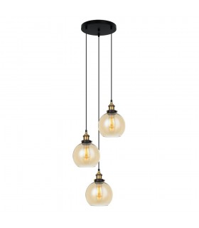 Industrial And Retro Hanging Pendant Black, Gold 3 Light  with Amber Shade, E27 Dimmable - 1