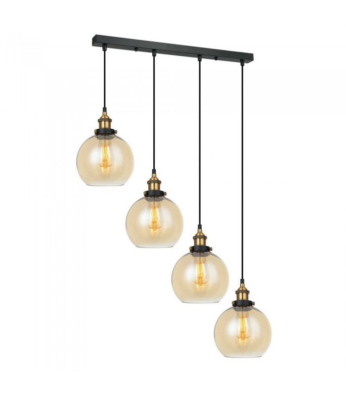 Industrial And Retro Hanging Pendant Black, Gold 4 Light  with Amber Shade, E27 Dimmable - 1
