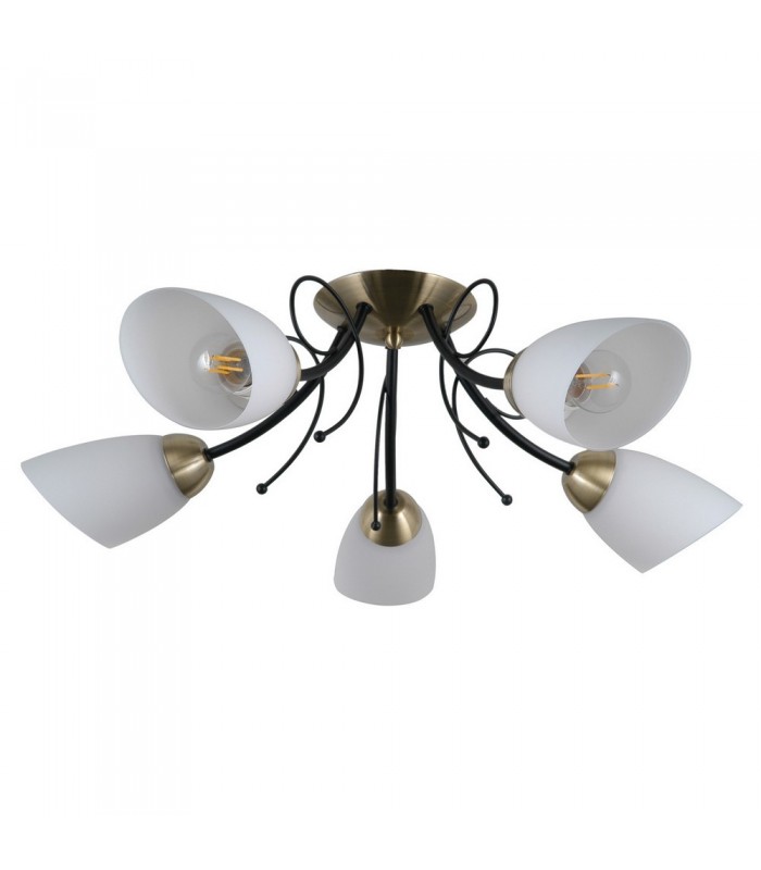 Stylized Flush Ceiling Light Black, Antique Bronze 5 Light  with White Shade, E27 - 1