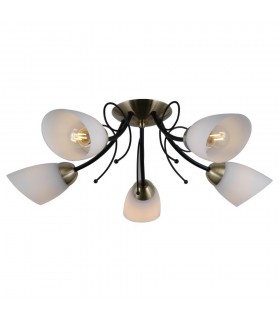 Stylized Flush Ceiling Light Black, Antique Bronze 5 Light  with White Shade, E27 - 2