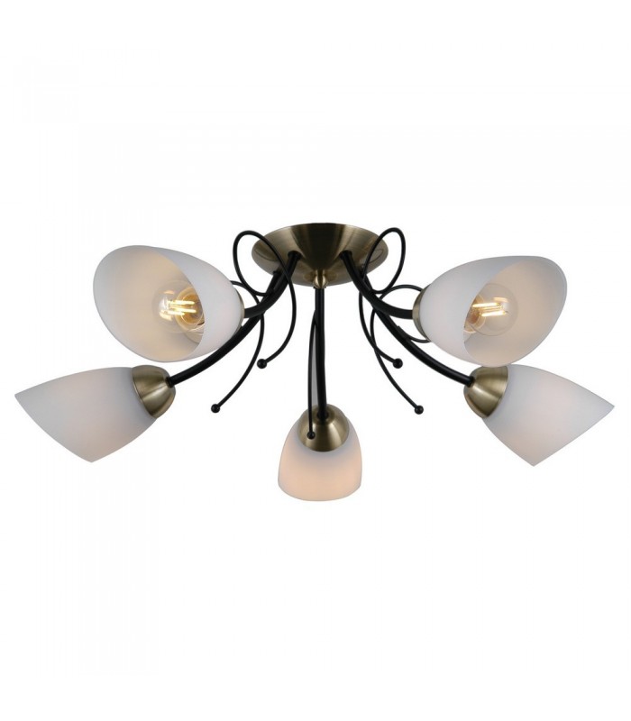 Stylized Flush Ceiling Light Black, Antique Bronze 5 Light  with White Shade, E27 - 2