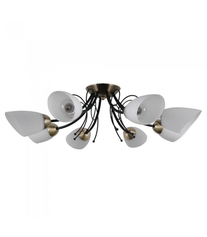 Stylized Flush Ceiling Light Black, Antique Bronze 8 Light  with White Shade, E27 - 1