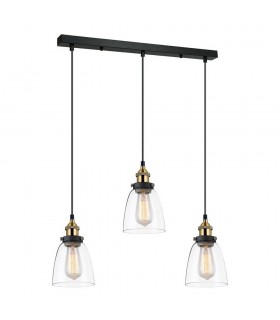 Industrial And Retro Hanging Pendant Black, Gold 3 Light  with Clear Shade, E27 Dimmable - 1
