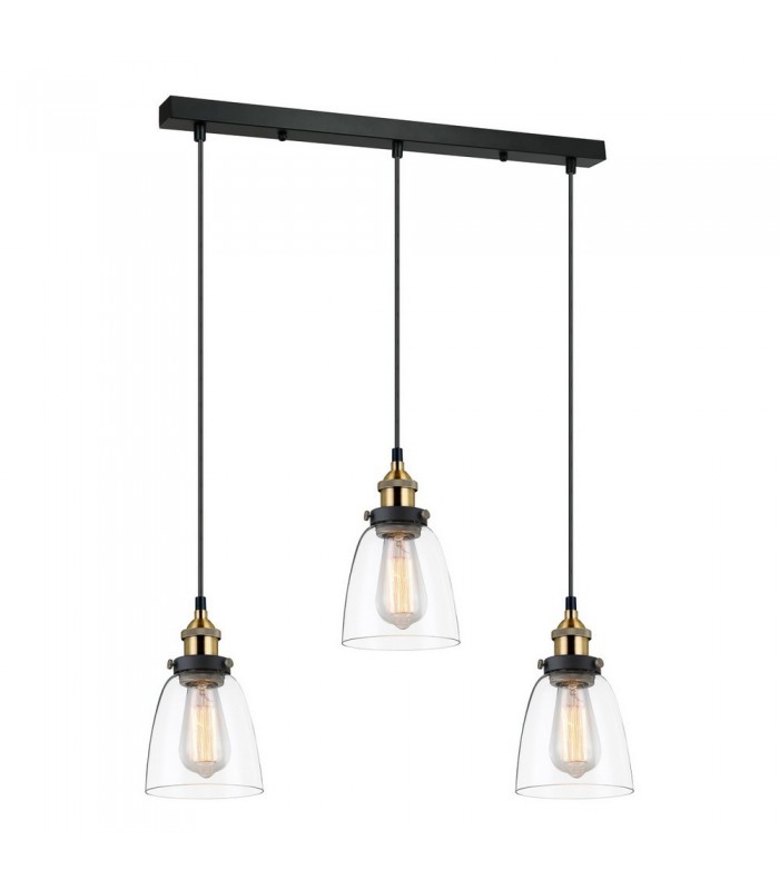 Industrial And Retro Hanging Pendant Black, Gold 3 Light  with Clear Shade, E27 Dimmable - 1