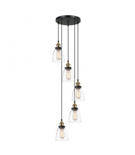Industrial And Retro Hanging Pendant Black, Gold 5 Light  with Clear Shade, E27 Dimmable - 1