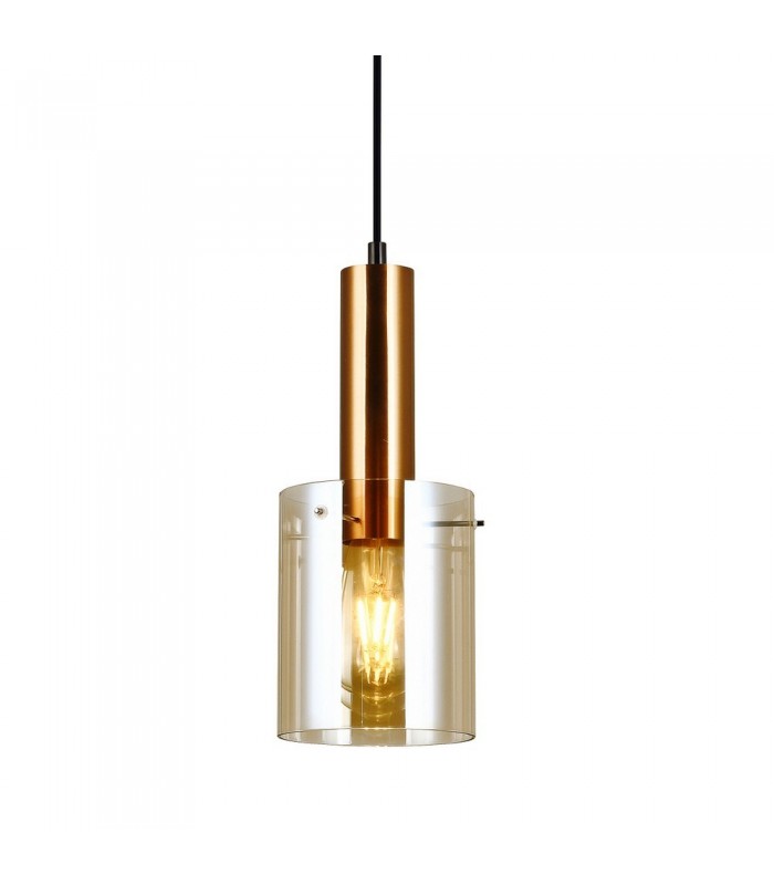 Modern Hanging Pendant Brass 1 Light  with Amber Shade, E27 - 1