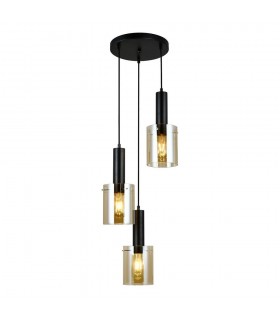Modern Hanging Pendant Black 3 Light  with Amber Shade, E27 - 1