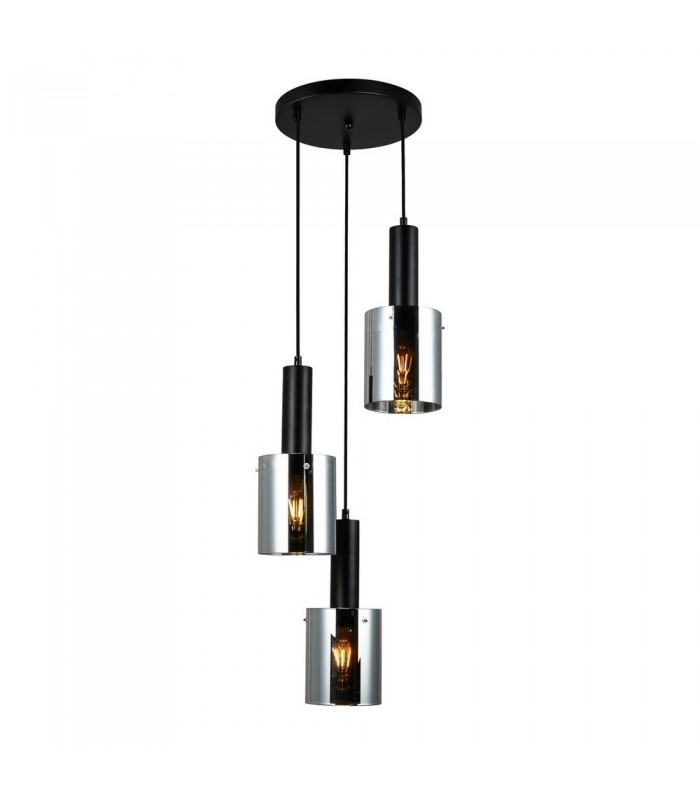 Modern Hanging Pendant Black 3 Light  with Glass, Smoky Shade, E27 - 1