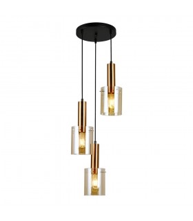Modern Hanging Pendant Brass 3 Light  with Amber Shade, E27 - 1
