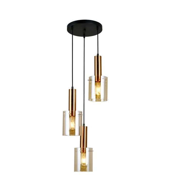 Modern Hanging Pendant Brass 3 Light  with Amber Shade, E27 - 1