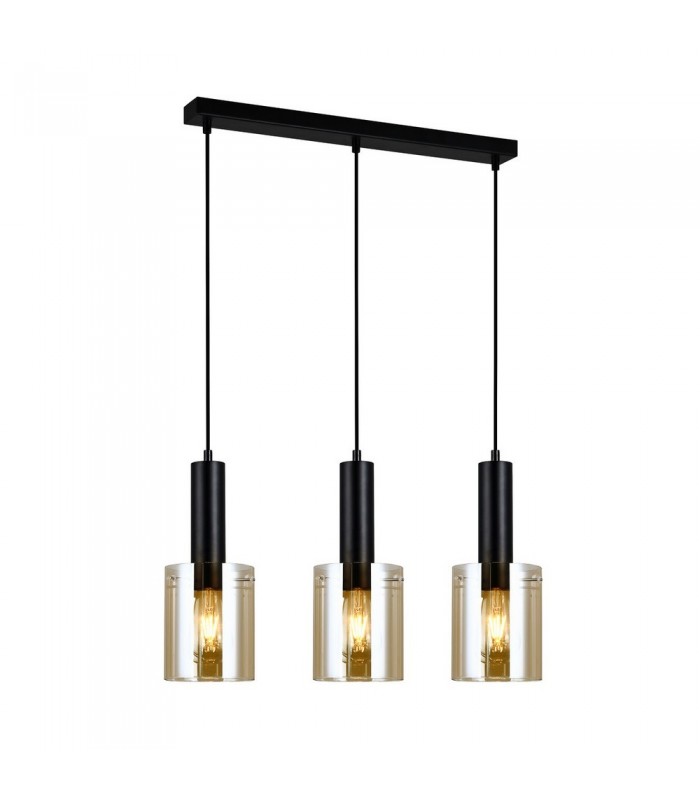 Modern Hanging Pendant Black 3 Light  with Amber Shade, E27 - 1