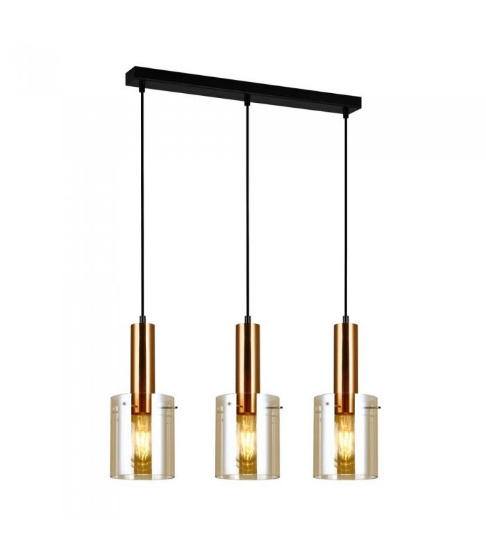 Modern Hanging Pendant Brass 3 Light  with Amber Shade, E27 - 1
