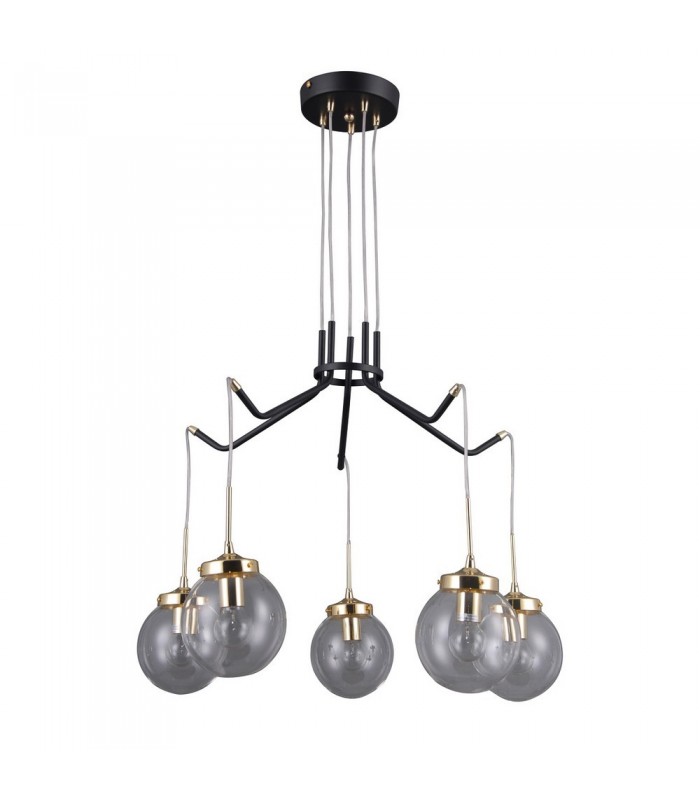 Industrial And Retro Hanging Pendant Black Matt, Gold 5 Light  with Clear Shade, E14 - 1