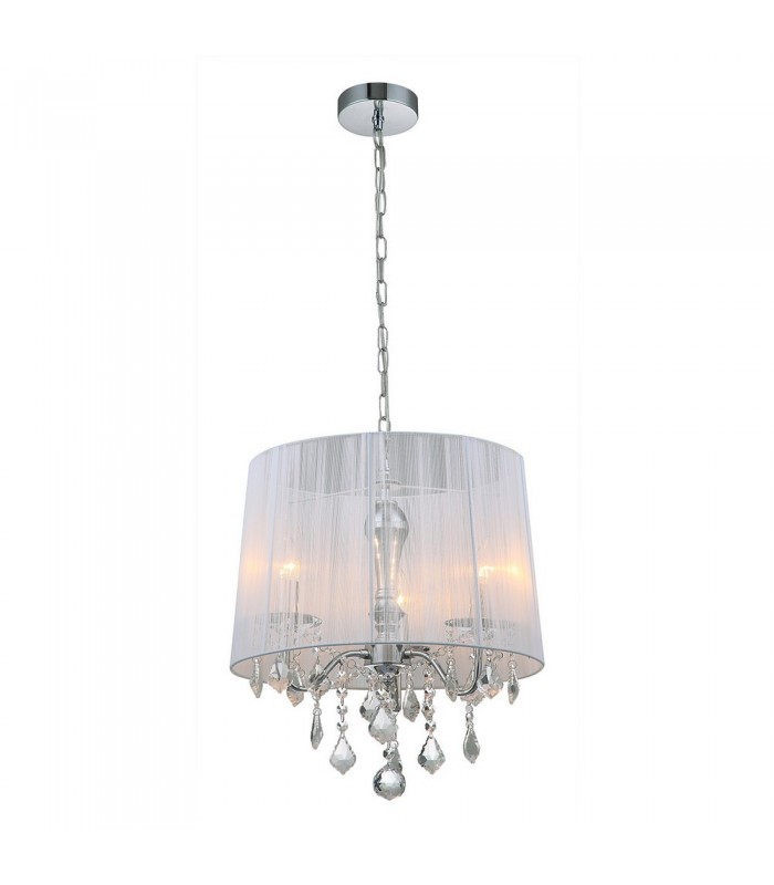 Hanging Pendant Chrome, White 3 Light  with White Cloth Shade, E14 - 1