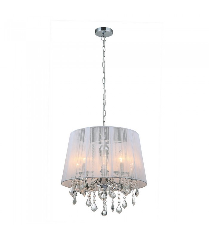 Hanging Pendant Chrome, White 5 Light  with White Cloth Shade, E14 - 1