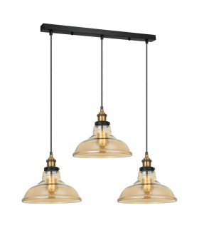 Industrial And Retro Hanging Pendant Black, Gold 3 Light  with Amber Shade, E27 Dimmable - 1