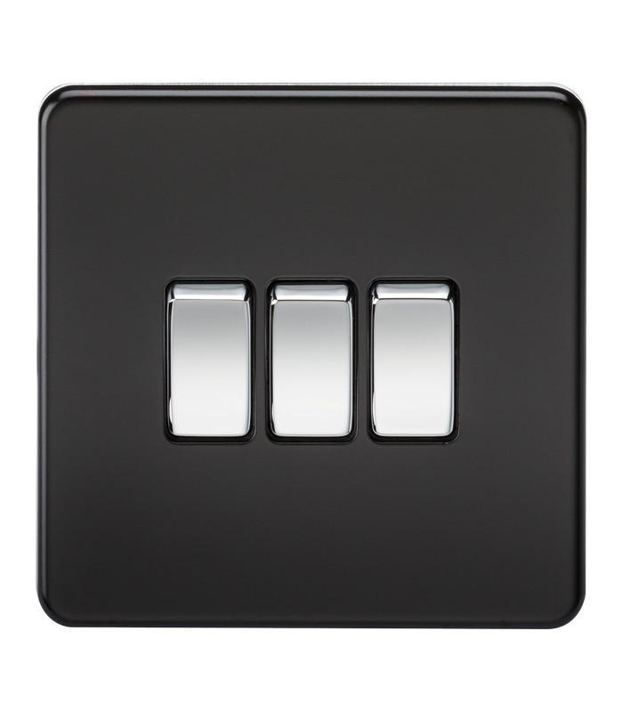 Screwless 10AX 3G 2-Way Switch - Matt Black with Chrome Rocker