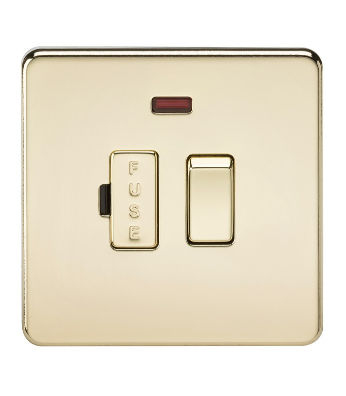 Screwless 13A Switched Fused Spur Unit with Neon - Polished Brass