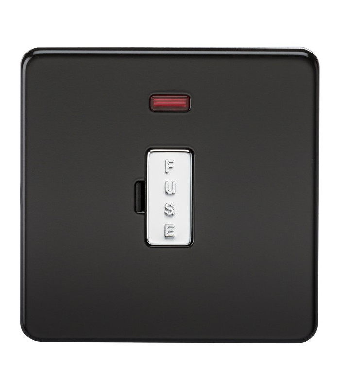Screwless 13A Fused Spur Unit W/Neon - Matt Black with Chrome Fuse Cap