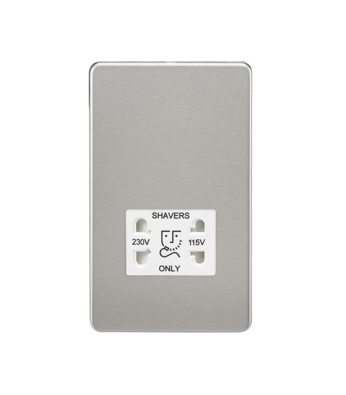 Screwless 115V/230V Dual Voltage Shaver Socket - Brushed Chrome with White Insert
