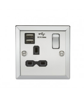13A 1G Switched Socket Dual USB Charger Slots with Black Insert - Bevelled Edge Polished Chrome