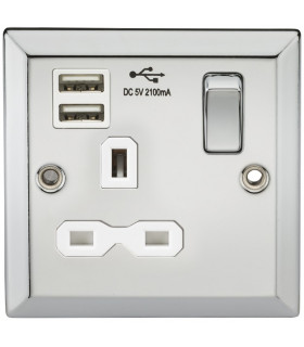13A 1G Switched Socket Dual USB Charger Slots with White Insert - Bevelled Edge Polished Chrome