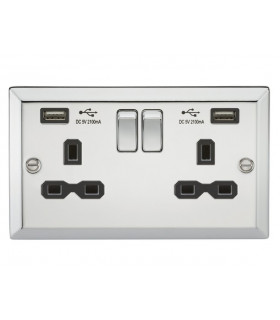 13A 2G Switched Socket Dual USB Charger Slots with Black Insert - Bevelled Edge Polished Chrome