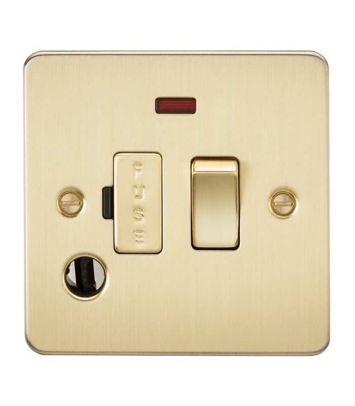 Flat Plate 13A switched fused spur unit with neon and flex outlet - brushed brass