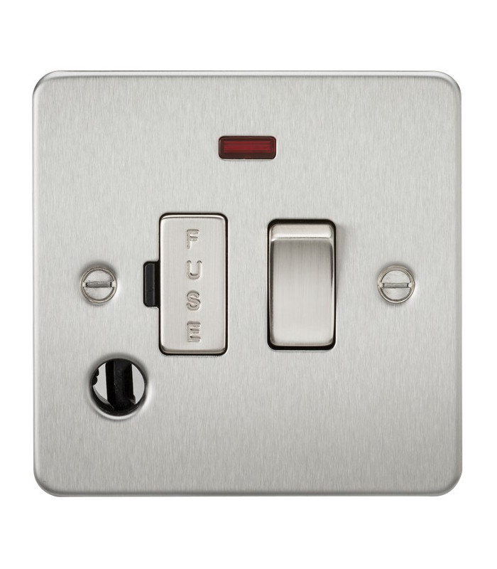Flat Plate 13A switched fused spur unit with neon and flex outlet - brushed chrome