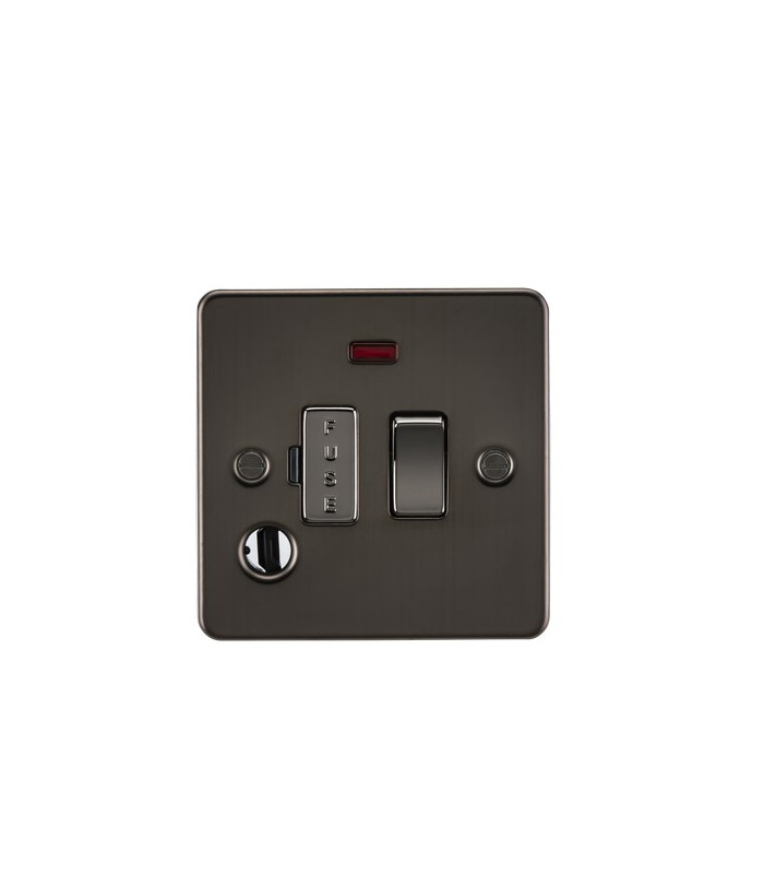Flat Plate 13A switched fused spur unit with neon and flex outlet - gunmetal