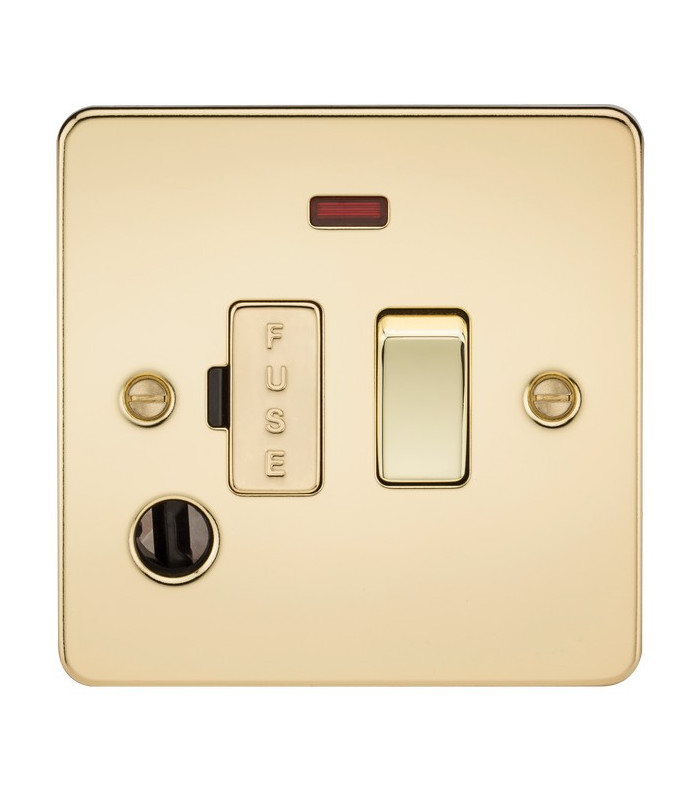 Flat Plate 13A switched fused spur unit with neon and flex outlet - polished brass