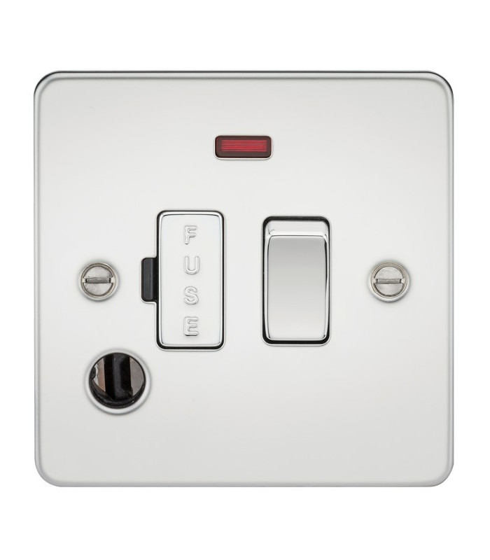 Flat Plate 13A switched fused spur unit with neon and flex outlet - polished chrome