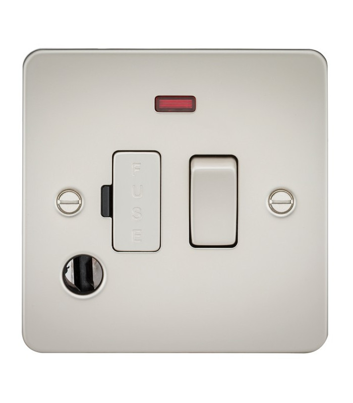 Flat Plate 13A switched fused spur unit with neon and flex outlet - pearl