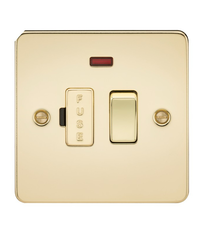 Flat Plate 13A switched fused spur unit with neon - polished brass
