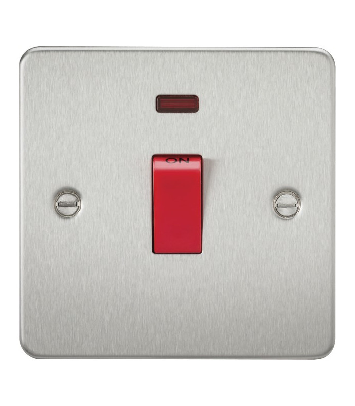 Flat Plate 45A 1G DP switch with neon - brushed chrome