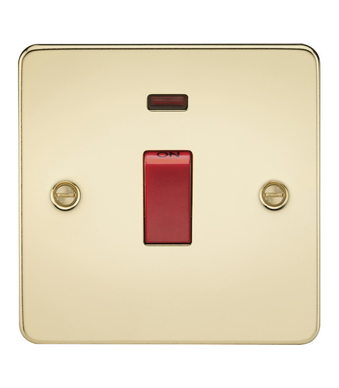 Flat Plate 45A 1G DP switch with neon - polished brass