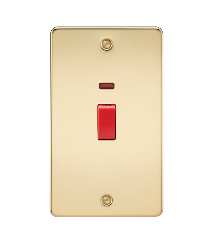 Flat Plate 45A 2G DP switch with neon - polished brass