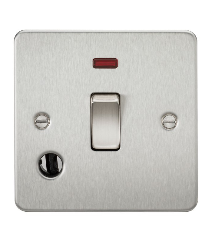 Flat Plate 20A 1G DP switch with neon & flex outlet - brushed chrome