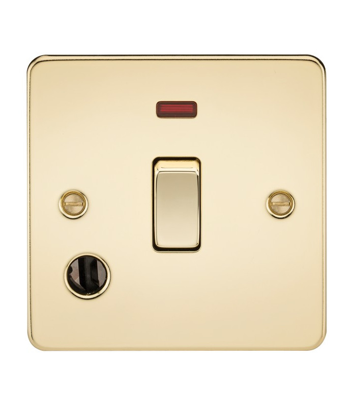 Flat Plate 20A 1G DP switch with neon & flex outlet - polished brass