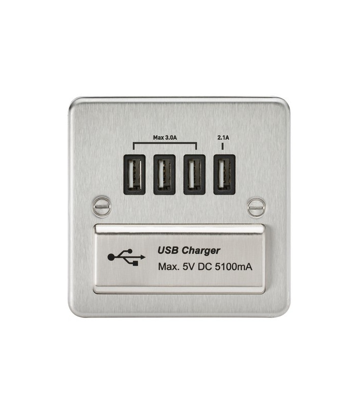 Flat Plate Quad USB charger outlet - Brushed chrome with black insert