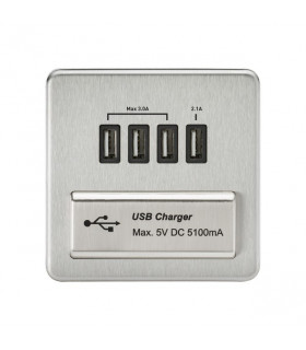 Screwless Quad USB Charger Outlet (5.1A) - Brushed Chrome with Black Insert