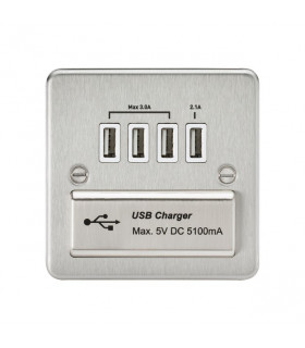 Flat Plate Quad USB charger outlet - Brushed chrome with white insert
