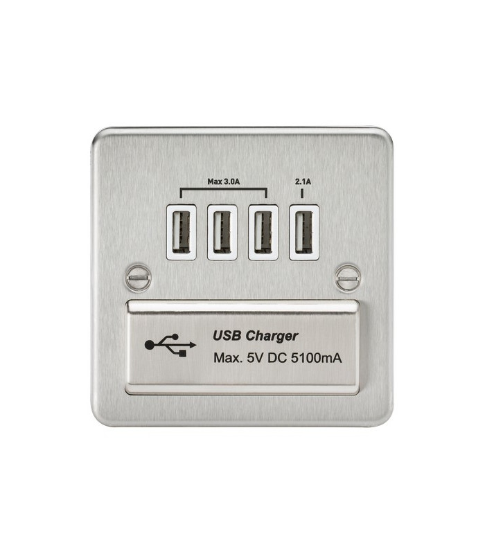Flat Plate Quad USB charger outlet - Brushed chrome with white insert
